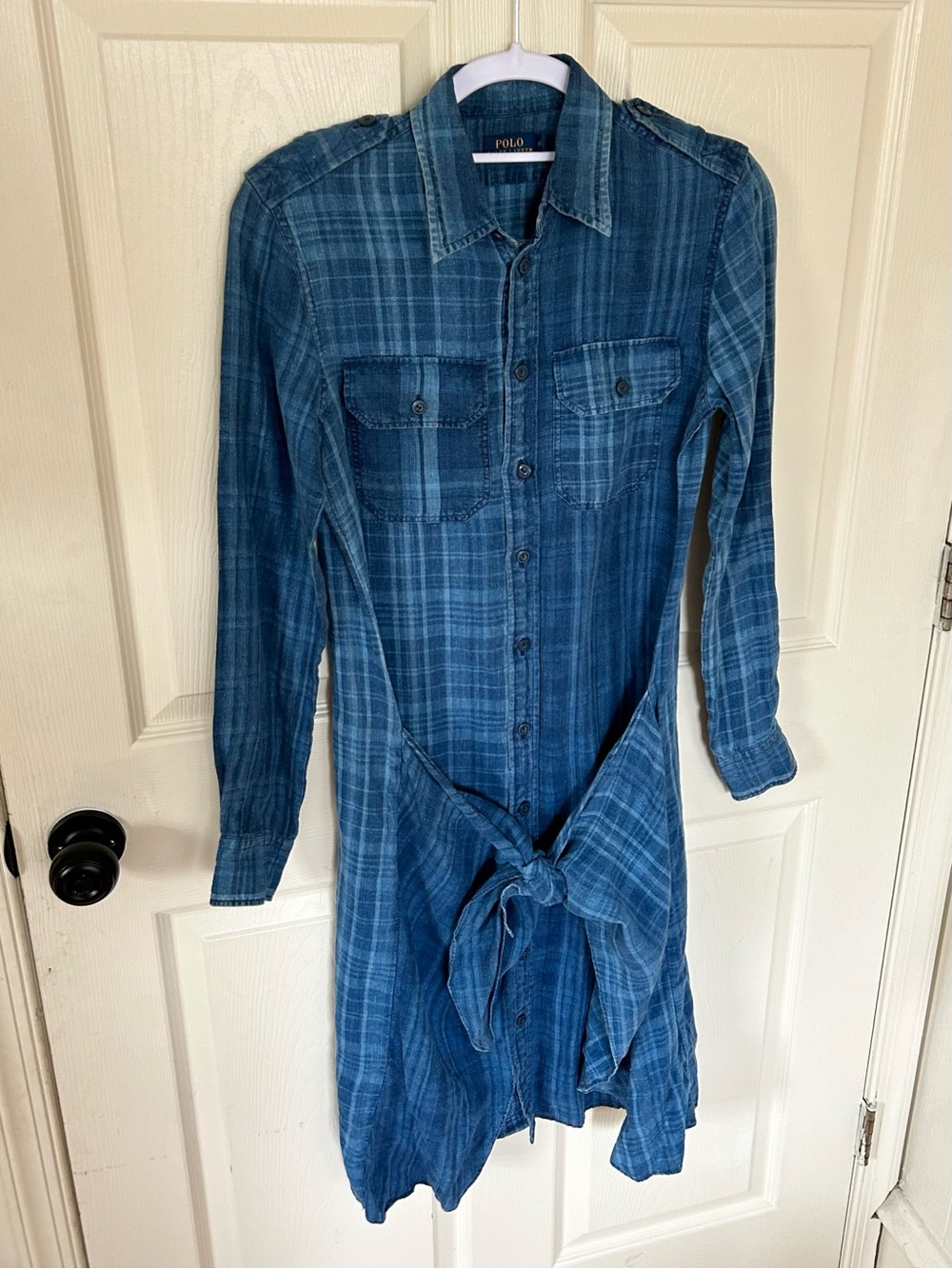 Polo Ralph Lauren Blue Plaid Tie-Front Shirt Dress Size 0 100% Linen